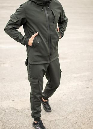 Мужской тактический костюм софтшел хаки (олива) | брюки карго и куртка softshell на флисе