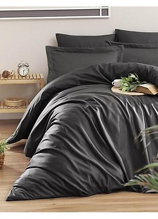 Постельное белье полуторное на резинке meriset anthracite premium сатин однотон (550233)