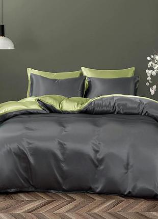 Постельное белье евро на резинке meriset дует anthracite/pistachio premium сатин однотон (550679)