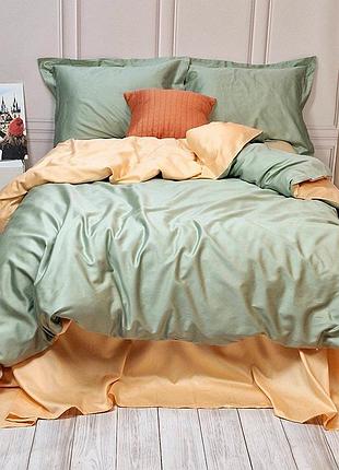 Постельное белье семейное meriset дует green fog/soft peach premium сатин однотон (560628)