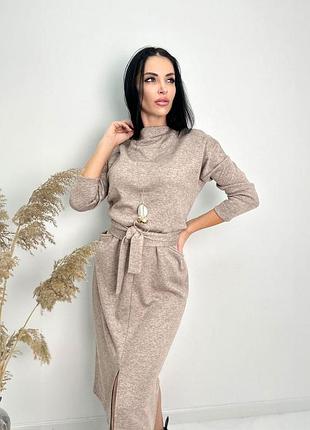 Довга ангорова сукня з поясом "juliette" | батал мокко, 54-56