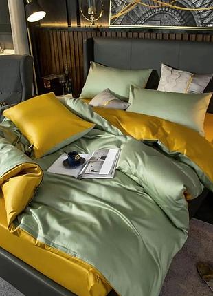 Постельное белье семейное meriset дует green fog/golden premium сатин однотон (550563)