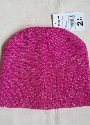 Розовая двойная шапка с люрексом на девочку  one size2 фото