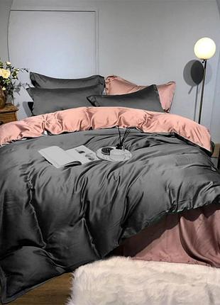 Постельное белье полуторное на резинке meriset дует anthracite/wisper pink premium сатин однотон (550685)