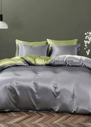Постельное белье евро на резинке meriset дует true grey/pistachio premium сатин однотон (550680)