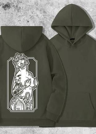 Мужской худи на флисе с принтом sunset goons девушка тату грудь , хаки xs