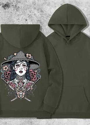 Мужской худи на флисе с принтом sunset goons девушка самурай мечи , хаки xl