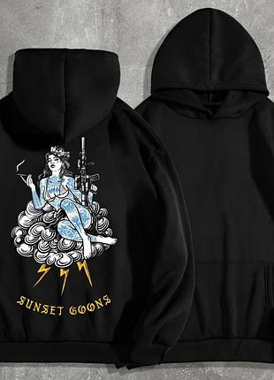 Мужской худи на флисе с принтом sunset goons девушка голубые татуировки , черный m