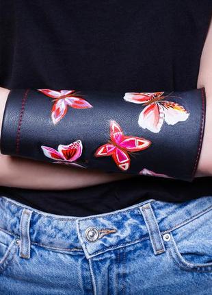 Шкіряний браслет на кнопках ручного розпису, метелики