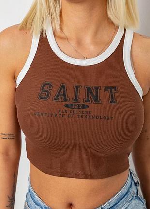 Топ женский в рубчик с принтом коричневый