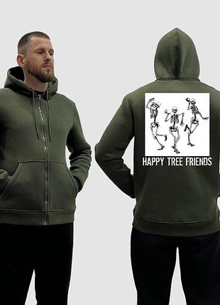 Мужской зип-худи на флисе с принтом happy tree friends три скелета танцуют, хаки xs