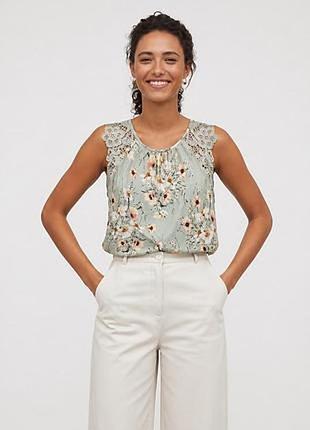 🌿 м'ятна квіткова блузка h&m з мереживом, розмір l (підійде на xl) ✨