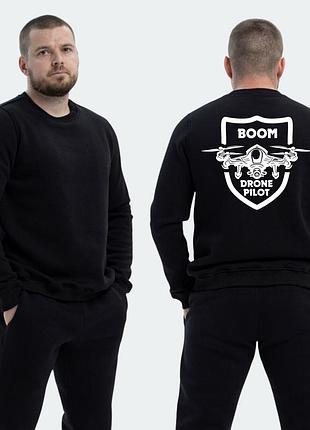 Мужской свитшот на флисе с принтом boom drone pilot fpv дрон в полете герб, черный s