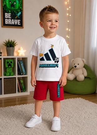 Костюм на хлопчика adidas, minecraft, шорти + футболка, біло червоний