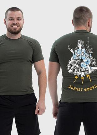 Чоловіча тактична футболка з принтом sunset goons дівчина на хмарах, хакі xs
