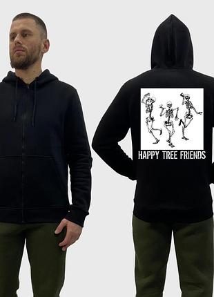 Мужской зип-худи на флисе с принтом happy tree friends три скелета танцуют, черный m