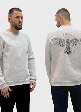 Мужской свитшот на флисе с принтом ворон раскрыл крылья круг из рун, серый xl