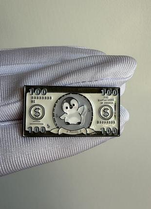 Пін значок металевий брошка пінгвін купюра долар пінгвінчик money — kawaii dollar pin