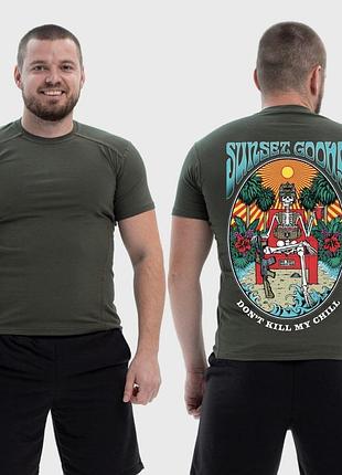 Чоловіча тактична футболка з принтом sunset goons скелет на троні джунглі, хакі xs