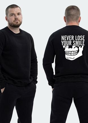 Мужской свитшот на флисе с принтом never lose your smile не теряй улыбку, черный xs