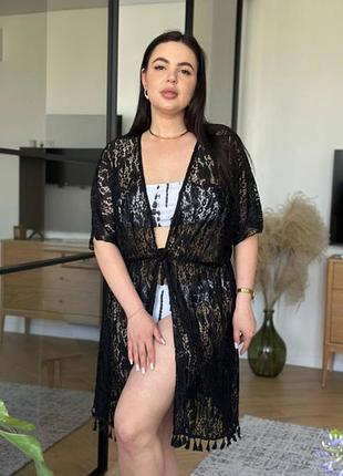Жіноча мережвна пляжна туніка чорна plus size