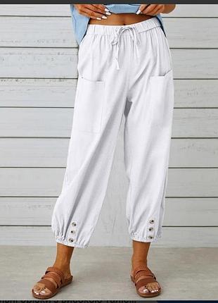 Белые женские льняные бриджи (капри) в свободном повседневном стиле boho/casual размер l