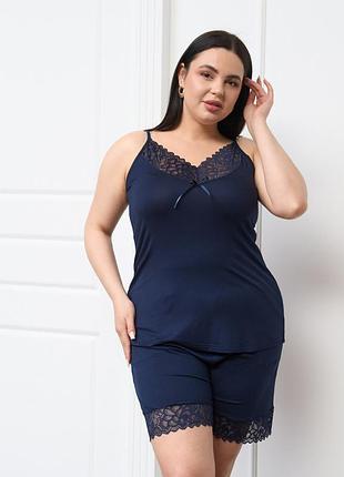Пижама женская майка с шортами вискоза однотонная синяя батал размер 2xl, 3xl, 4xl, 5xl