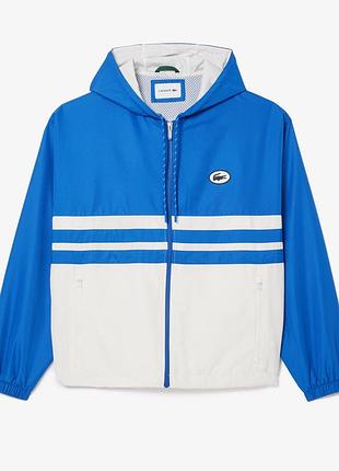 Мужская спортивнчоловіча спортивна куртка laая куртка lacoste на молнии, с капюшоном, с карманами, синий с белым, размер 56 - l/xl
