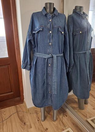 Джинсовое с карманами и поясом платье 👗 рубашка большого размера