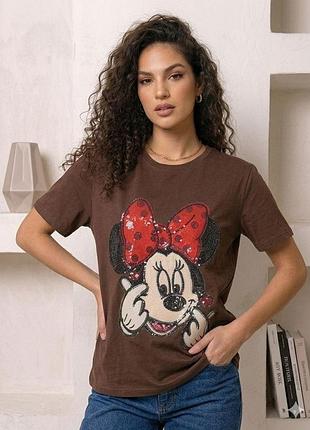 Женская футболка оверсайз с принтом minnie mouse из кулира (блакитний, універсальний (oversize)) коричневий