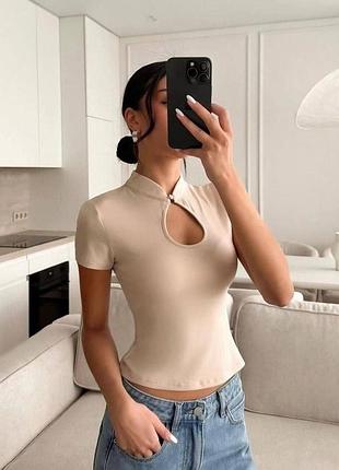 Женская футболка с воротником-стойкой и вырезом-каплей из микро дайвинга (бежевий, 42-44) бежевий, 46-48