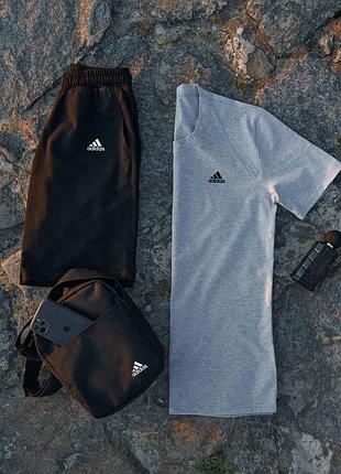 Летний спортивный костюм adidas серый мужской 3в1 ,комплект летний адидас футболка + шорты + барсетка по trek