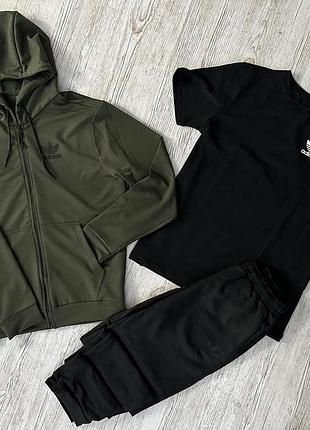 Спортивный костюм adidas хаки с черным мужской на змейке , весенний костюм адидас 3в1 кофта + штаны + фу trek