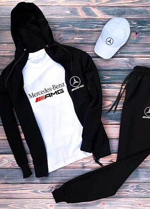 Чоловічий чорний спортивний костюм mercedes amg весняний, комплект мерседес 4в1 костюм + футболка та кепка (білі)