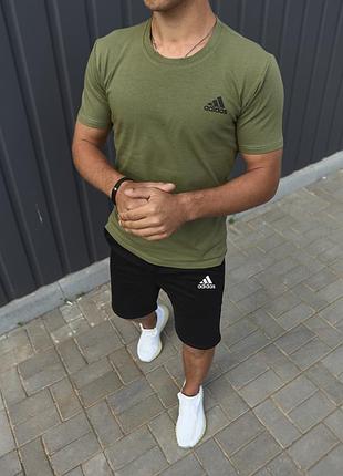 Летний мужской спортивный костюм adidas цвета хаки двойка, легкий костюм хаки адидас на лето шорты и фут trek