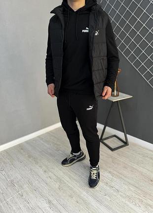 Мужской чёрный весенний спортивный костюм puma 3в1, осенний молодёжный комплект пума чёрный жилетка+худи trek