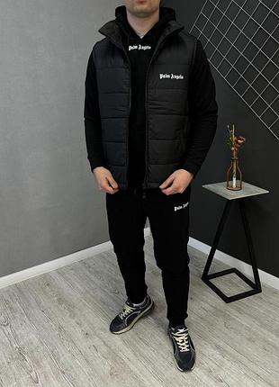 Чёрный спортивный костюм palm angels мужской весенний осенний, чёрный комплект палм энджелс жилетка+худи trek
