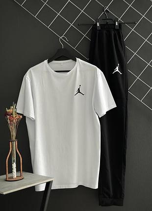 Мужской летний костюм белый jordan футболка + штаны ,летний спортивный комплект белый джордан брюки и фу trek