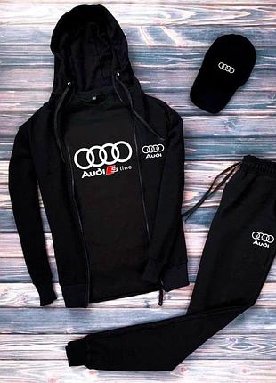 Мужской демисезонный спортивный костюм audi чёрный, весенний комплект ауди 4в1 зиппер+штаны+футболка и к trek