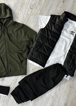 Мужской спортивный набор adidas 5в1 хаки с белым на змейке , весенний костюм адидас + футболка жилетка н trek