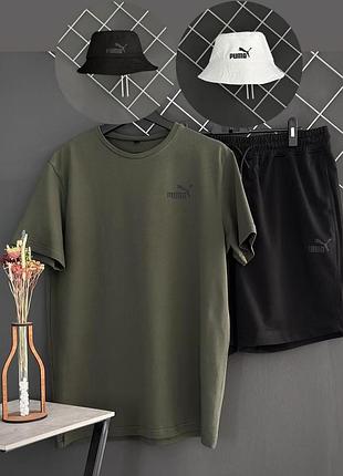 Мужской летний костюм puma хаки тройка с панамой , спорт комплект 3в1 пума хаки футболка шорты trekmr