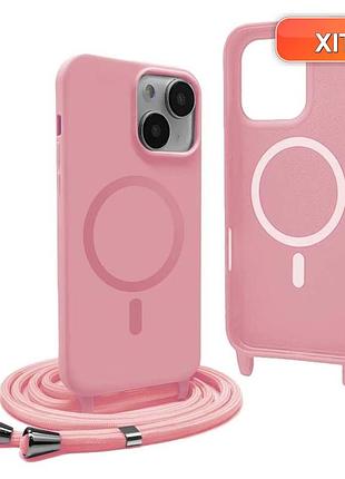 Чехол iphone 15 plus yfsyll magsafe силиконовый tpu розовый регулируемый съемный ремень на шее подставка