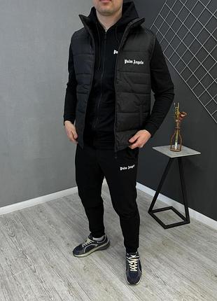 Мужской чёрный спортивный костюм palm angels весна осень 3в1, чёрный комплект палм энджелс жилетка+кофта trek