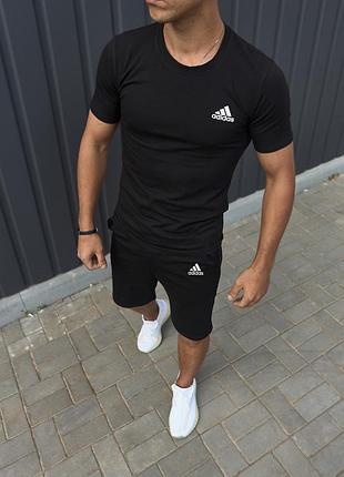 Мужской летний спортивный костюм adidas черный хлопковый , летний комплект черный адидас футболка + шорт trek