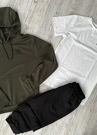 Спортивный костюм мужской adidas 3в1 хаки весенний , комплект адидас худи и штаны + белая футболка