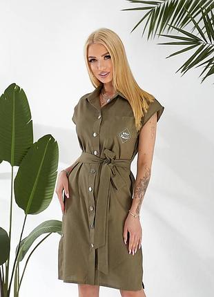 Женское льняное платье с поясом a357 khaki 52
