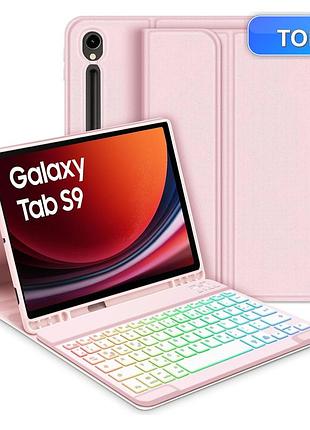 Клавиатурный чехол goojodoq для samsung tab s9 11 розовый qwertz bluetooth с подсветкой rgb держатель пера