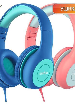 Наушники гарнитура детские earfun k1 комплект 2 шт регулятор 85/94 дб 3.5 мм складные микрофон синий и розовый