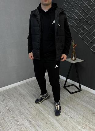 Чоловічий чорний спортивний костюм jordan 3в1 весна-осінь, зручний чорний комплект джордан жилетка та худі + штани