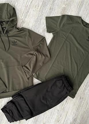 Спортивный костюм мужской adidas 3в1 хаки весенний , комплект адидас худи и штаны + хаки футболка